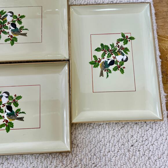 Gibson Greetings Chickadees & Holly Otagiri Lacquerware Snack Tray Set of 8 VTG - Picture 8 of 11